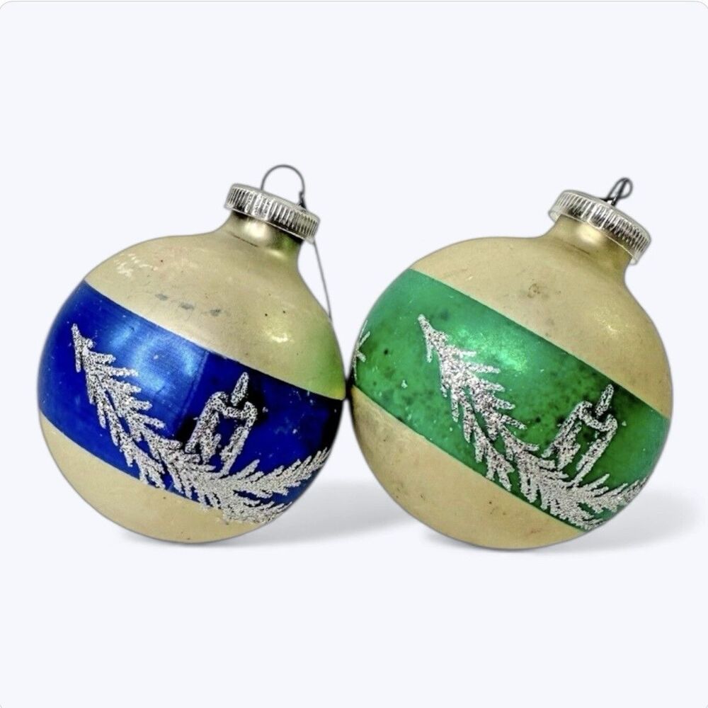 2 DBGM West Germany Glass Christmas Ball Ornaments Vtg Glitter White Blue Green